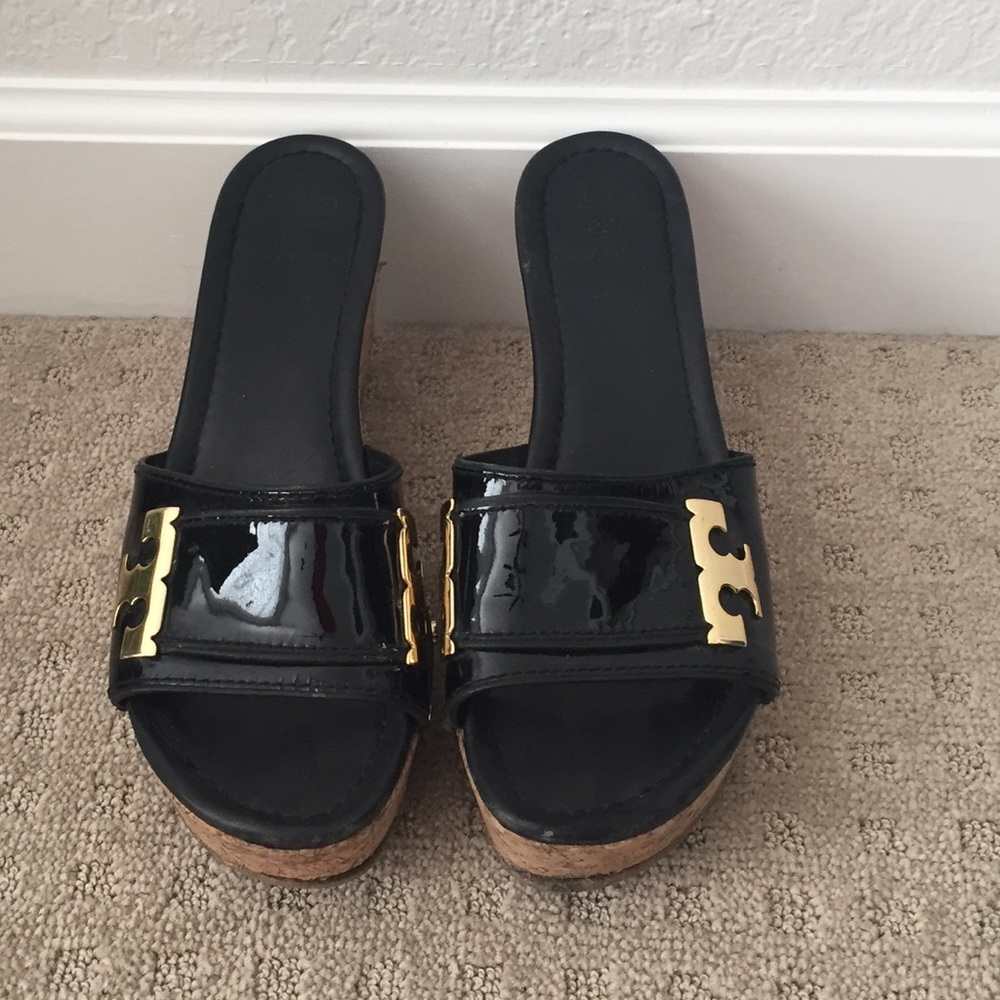 Tory burch patent leather cork wedges